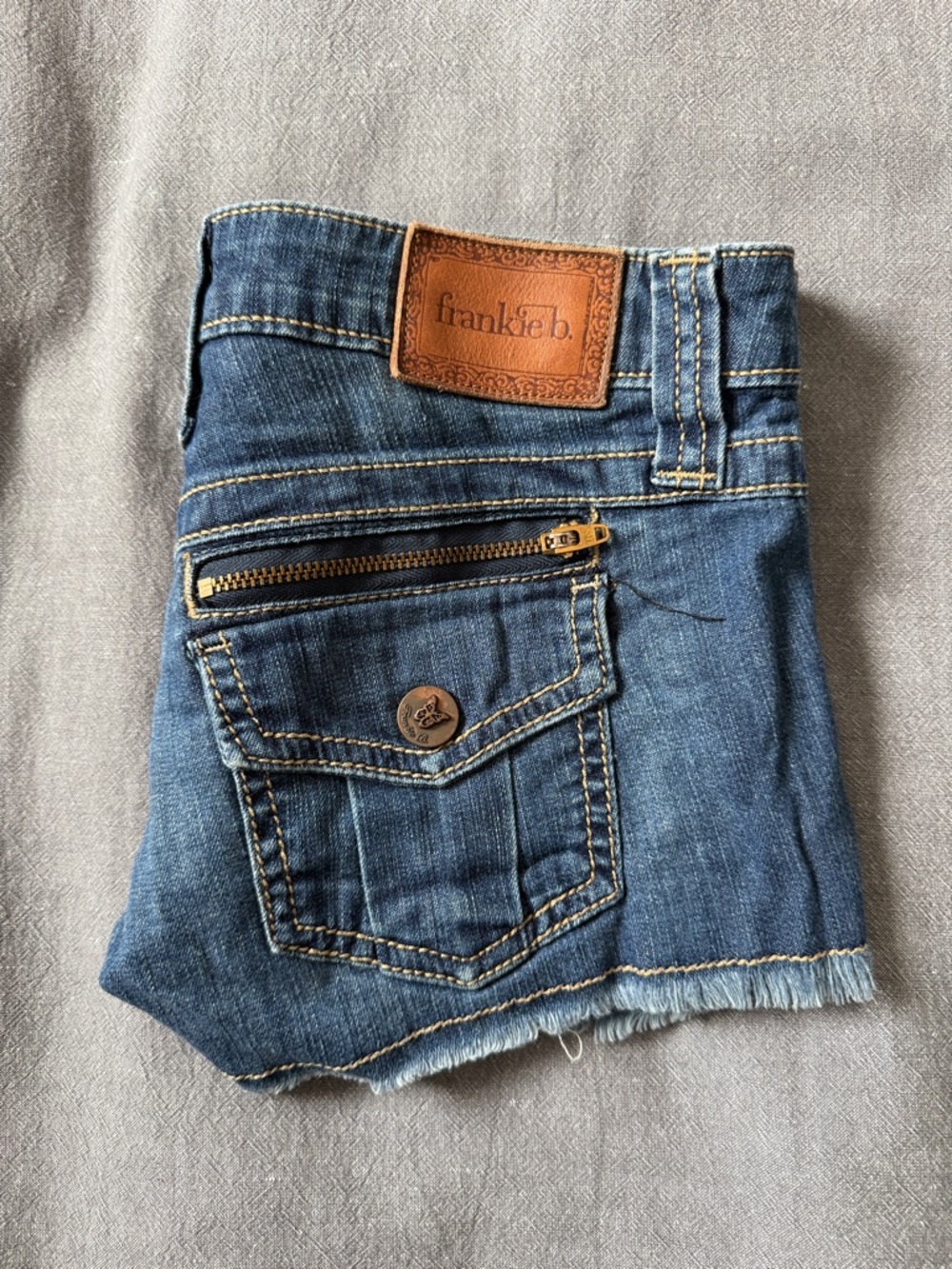 Frankie B. Medium Blue Denim Shorts with Leather Patch